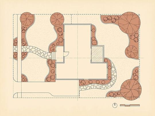 Overhead landscape design plan showing planting beds, a stone walkway and tree canopies