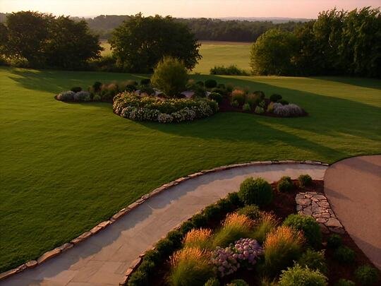 Curved bluestone walkway winding between layered planting beds and a manicured lawn
