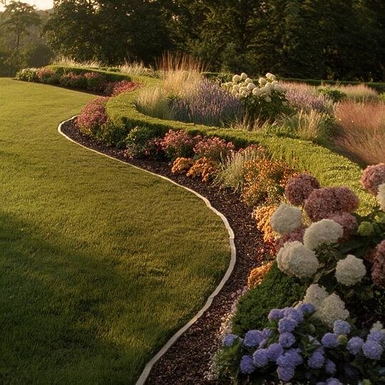 Curved flower beds beside a manicured lawn