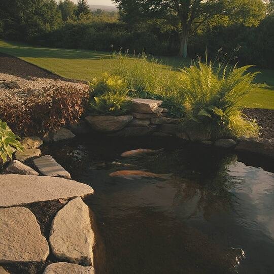 Koi pond framed by native plantings