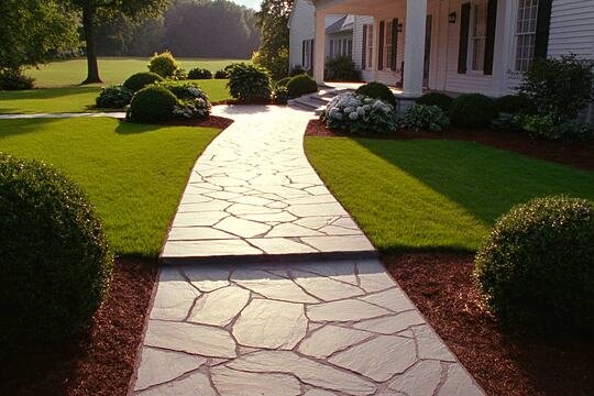 Stone walkway winding through a front yard